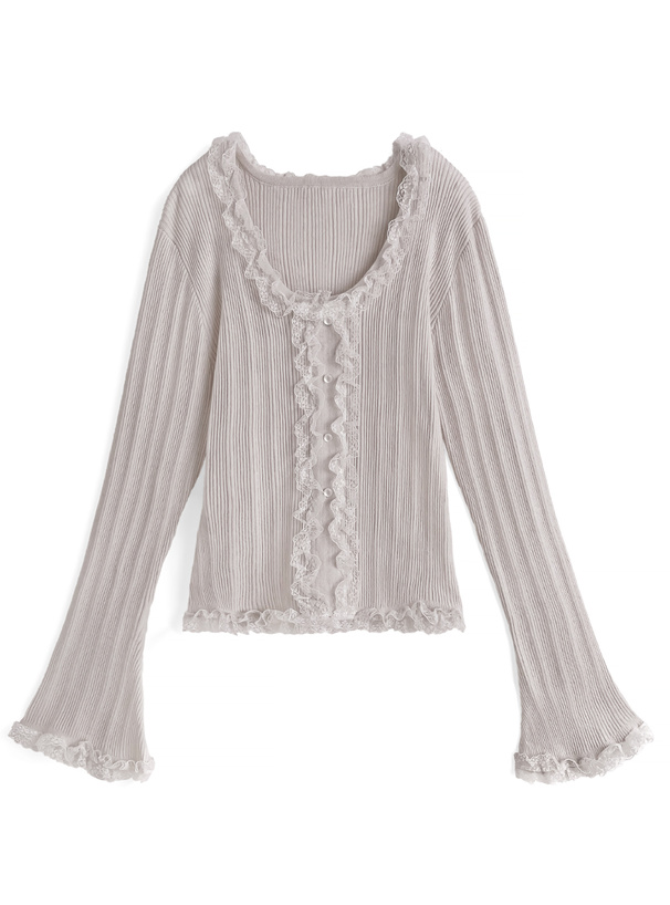 レースフリルリブニットトップス