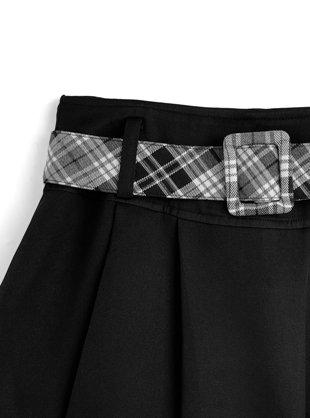 ベルト付きチェック柄レイヤード風スカートパンツ