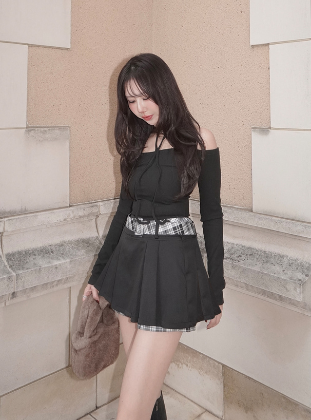 ベルト付きチェック柄レイヤード風スカートパンツ