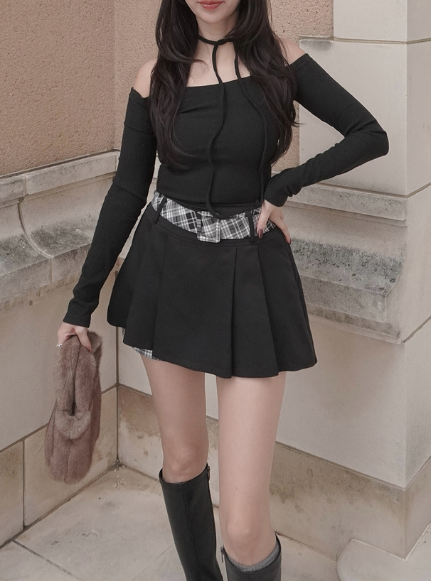 ベルト付きチェック柄レイヤード風スカートパンツ