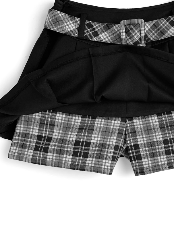 ベルト付きチェック柄レイヤード風スカートパンツ