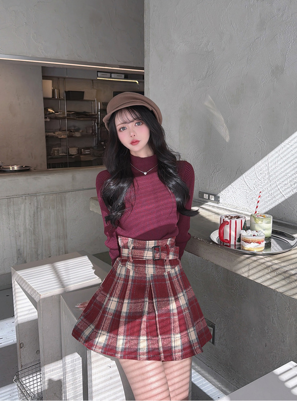 インパン裏地・ベルト付きチェック柄プリーツミニスカート[gn537