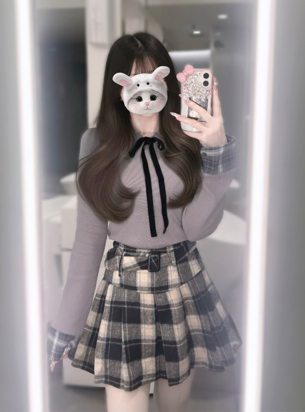 インパン裏地・ベルト付きチェック柄プリーツミニスカート[gn537