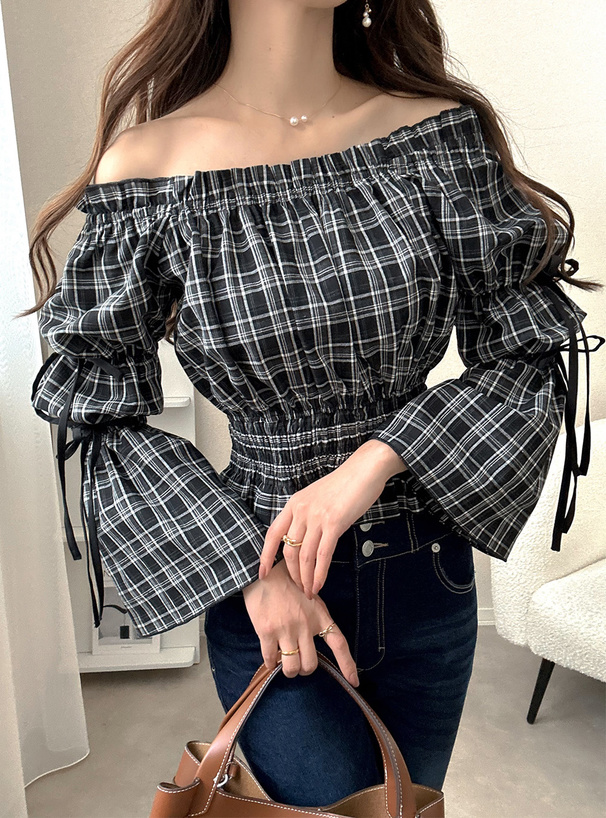 チェック柄リボン付きシフォンブラウス チェック柄リボン付きシフォンブラウス ブラウス シャツ