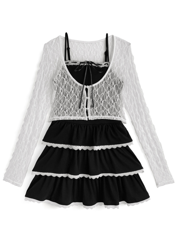 レースカーディガン×レースティアードフリルキャミソールミニワンピースセットアップ