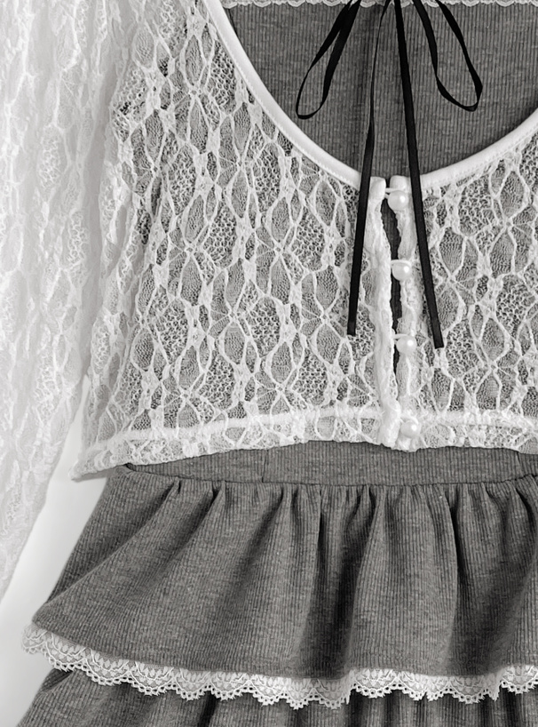 レースカーディガン×レースティアードフリルキャミソールミニワンピースセットアップ