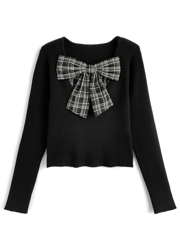 チェック柄リボンドッキングリブニットトップス
