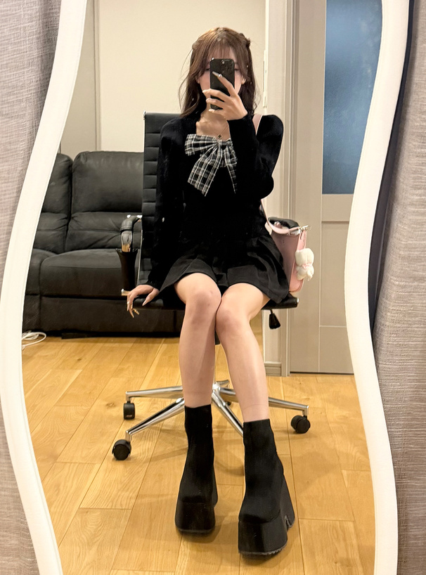 チェック柄リボンドッキングリブニットトップス[gn548] | レディース