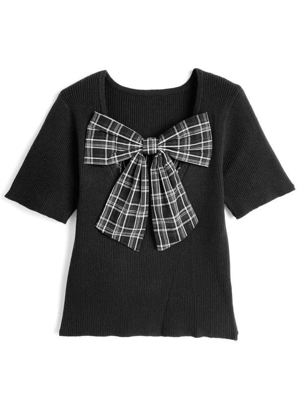チェック柄リボンドッキングリブニットトップス[gn548a]