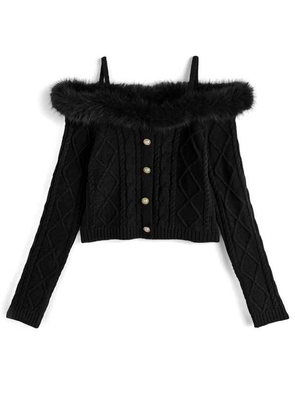 ファーオフショルダーケーブル編みニットトップス