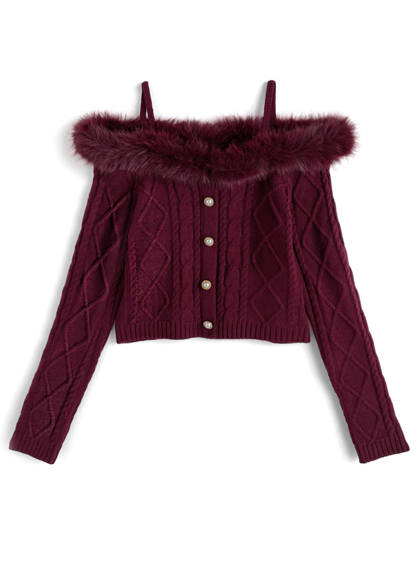 ファーオフショルダーケーブル編みニットトップス