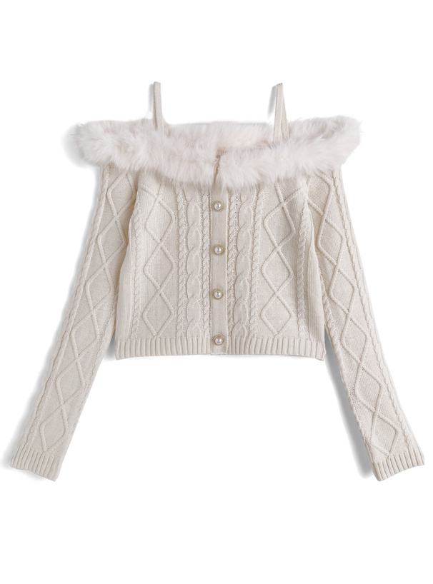 ファーオフショルダーケーブル編みニットトップス