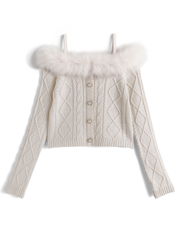 ファーオフショルダーケーブル編みニットトップス