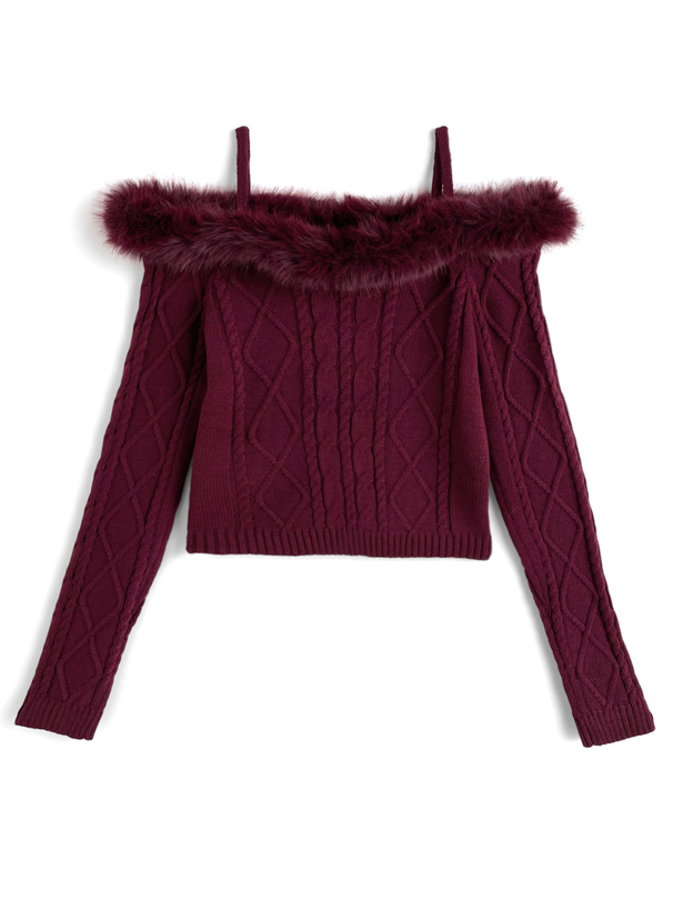 ファーオフショルダーケーブル編みニットトップス