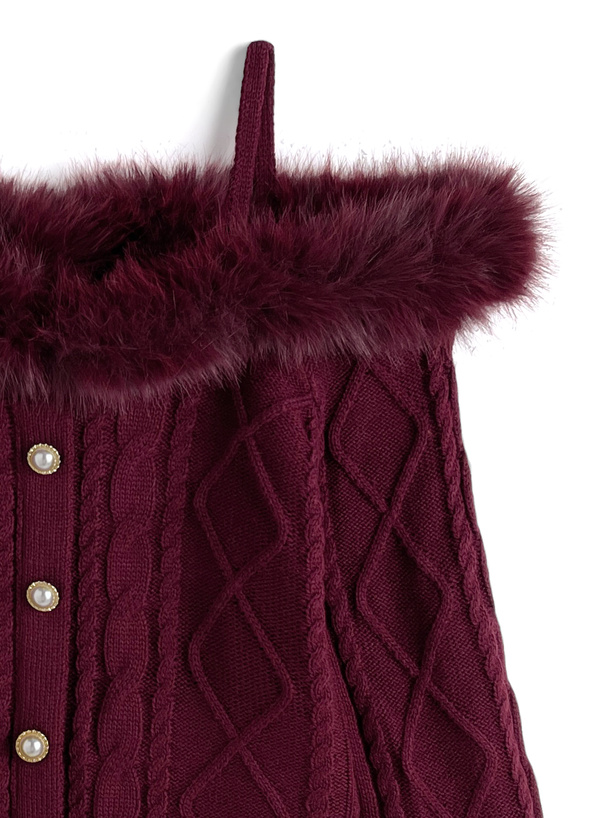 ファーオフショルダーケーブル編みニットトップス