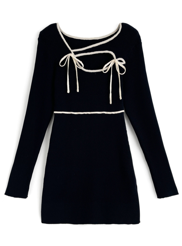 ダブルリボン配色パイピングリブニットミニワンピース[gn551]