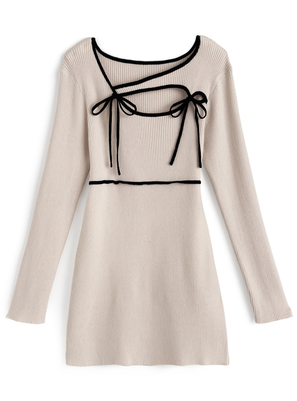 ダブルリボン配色パイピングリブニットミニワンピース