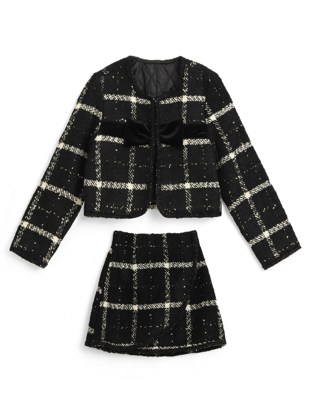 ツイードチェック柄リボンジャケット×ミニスカートセットアップ[gn556]