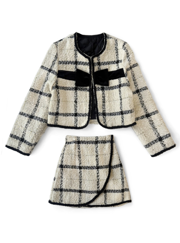 ツイードチェック柄リボンジャケット×ミニスカートセットアップ[gn556