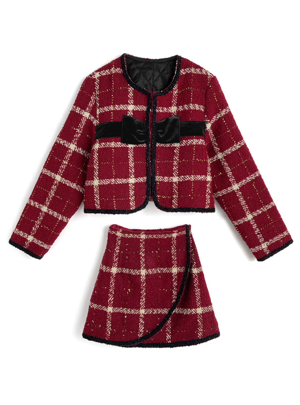 ツイードチェック柄リボンジャケット×ミニスカートセットアップ[gn556