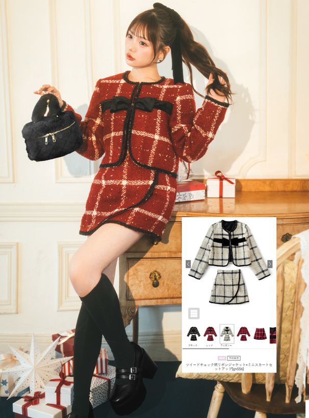 ツイードチェック柄リボンジャケット×ミニスカートセットアップ[gn556