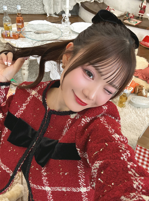 ツイードチェック柄リボンジャケット×ミニスカートセットアップ[gn556