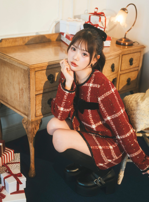 ツイードチェック柄リボンジャケット×ミニスカートセットアップ[gn556