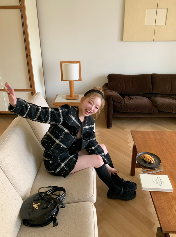 ツイードチェック柄リボンジャケット×ミニスカートセットアップ[gn556