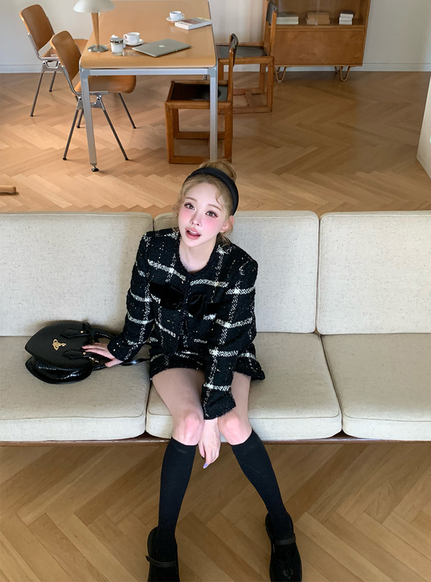 ツイードチェック柄リボンジャケット×ミニスカートセットアップ