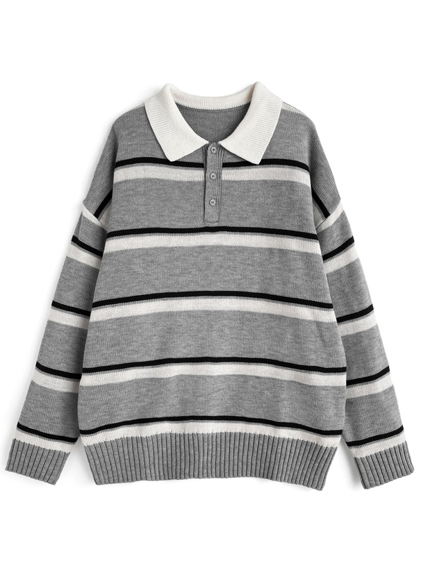 ボーダー柄ポロニットトップス[gn557]
