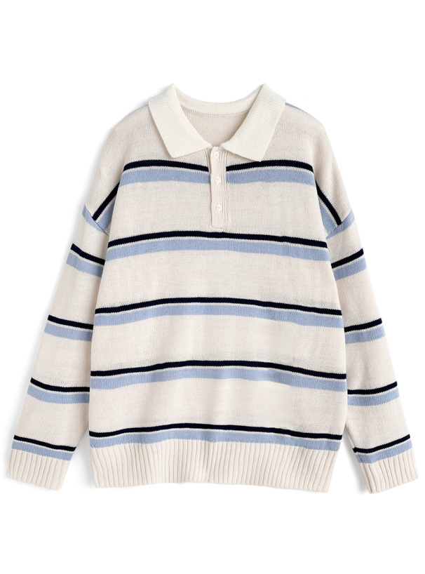 ボーダー柄ポロニットトップス