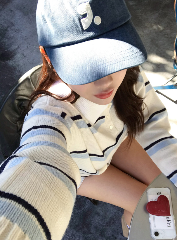 ボーダー柄ポロニットトップス