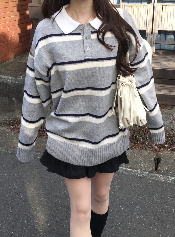 ボーダー柄ポロニットトップス