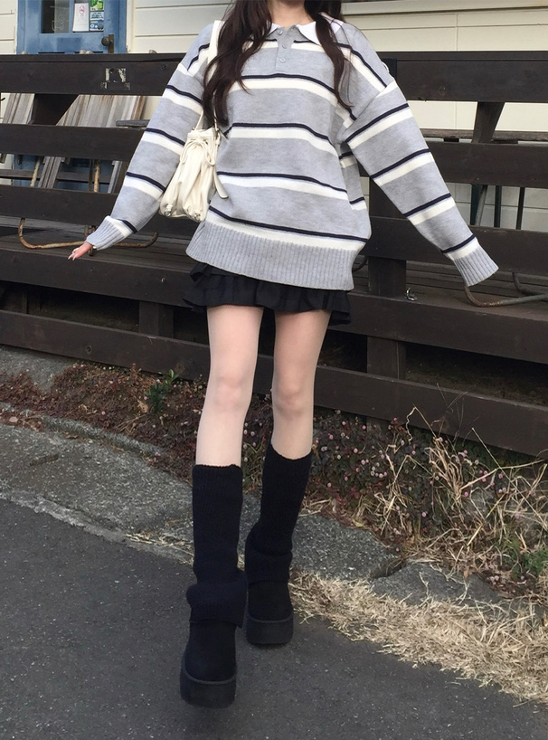 ボーダー柄ポロニットトップス