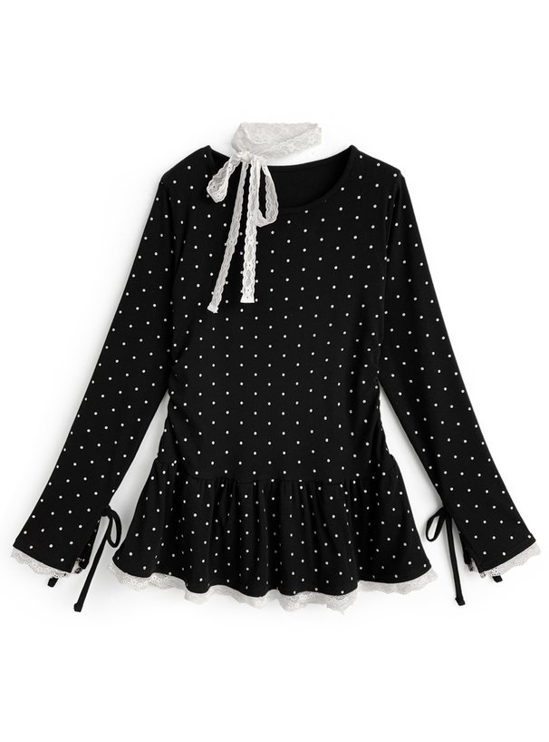 レースタイ付きリブチュニックトップス