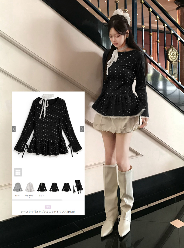 レースタイ付きリブチュニックトップス