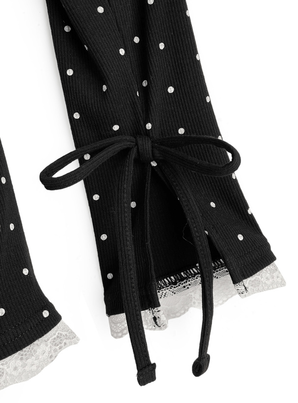 レースタイ付きリブチュニックトップス