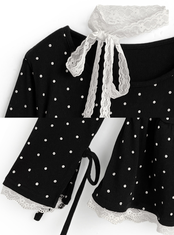 レースタイ付きリブチュニックトップス