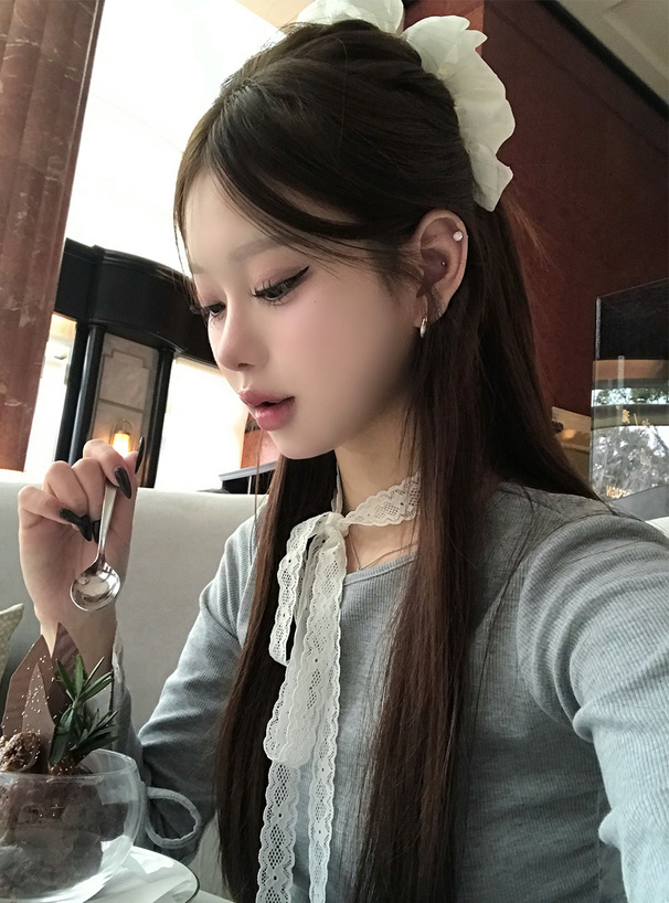 レースタイ付きリブチュニックトップス