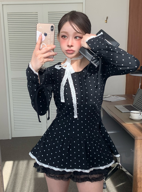 レースタイ付きリブチュニックトップス