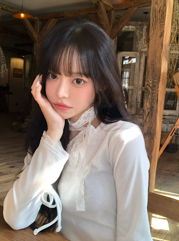 レースタイ付きリブチュニックトップス