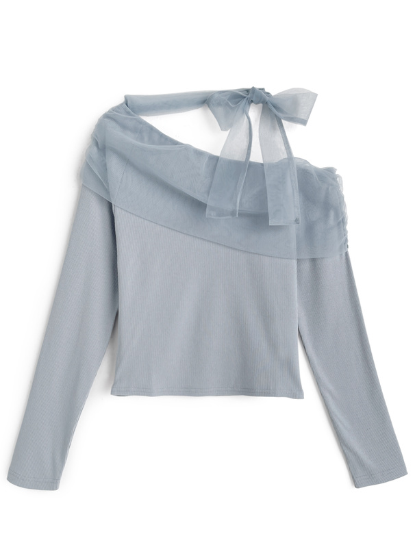 チュールドッキングリボンワンショルダートップス