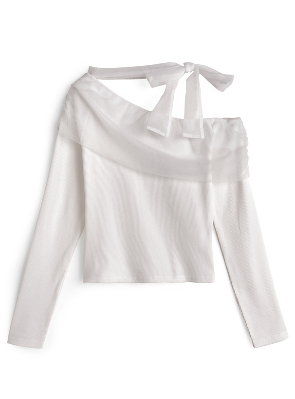 チュールドッキングリボンワンショルダートップス