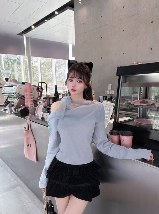 チュールドッキングリボンワンショルダートップス