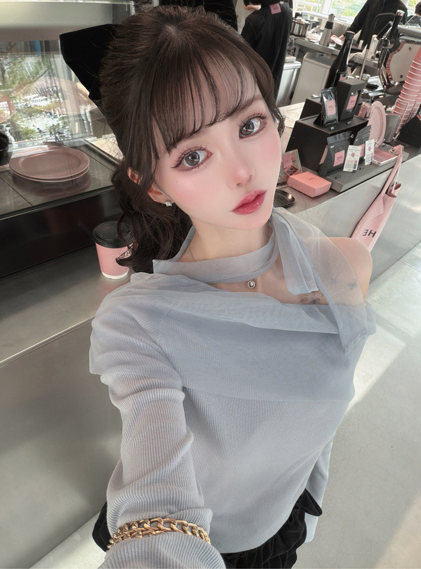 チュールドッキングリボンワンショルダートップス