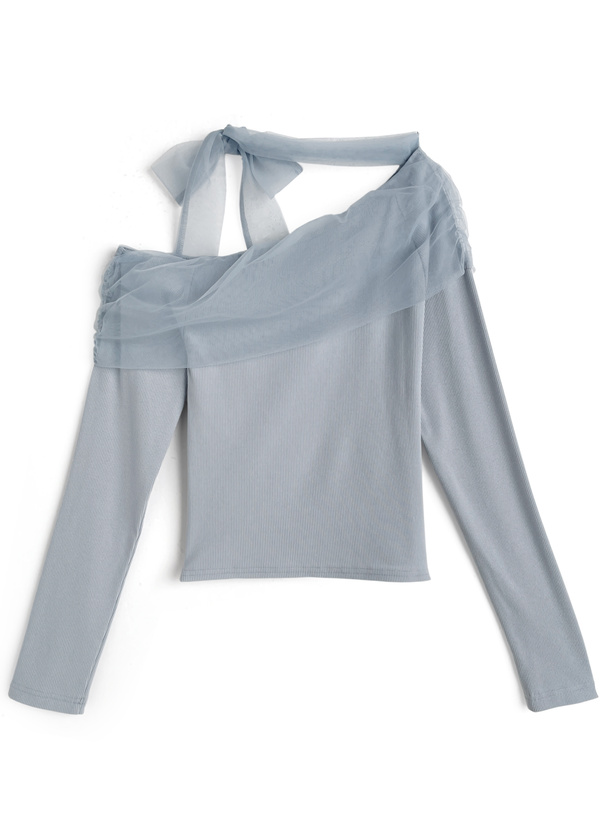 チュールドッキングリボンワンショルダートップス