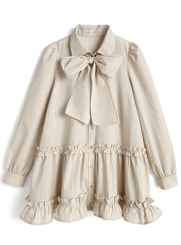リボン付きストライプ柄フリルシャツミニワンピース[gn566]