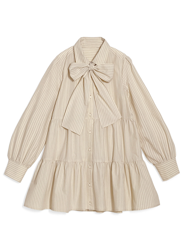 リボン付きストライプ柄シャツミニワンピース[gn567]