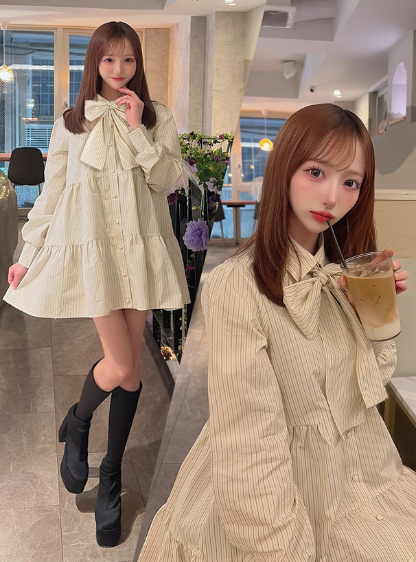 リボン付きストライプ柄シャツミニワンピース[gn567] | レディース