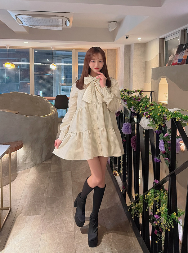 リボン付きストライプ柄シャツミニワンピース[gn567] | レディース
